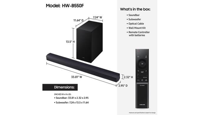 Samsung B-Series Soundbar HW-B550F 2.1 ch DTS Virtual:X Soundbar with Subwoofer (2025 Model) Voice Enhance Mode, Bass Boost, Adaptive Sound thumbnail 2