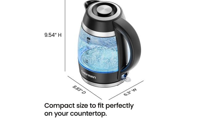Chefman Electric Kettle, 1.8L 1500W, Hot Water Boiler, Removable Lid for Easy Cleaning, Auto Shut Off, Boil-Dry Protection, Stainless Steel Filter, BPA Free, Borosilicate Glass Electric Tea Kettle thumbnail 3