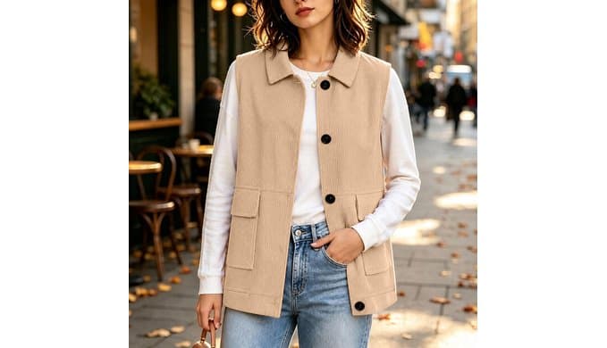 Corduroy Vest Women Sleeveless Turn Down Collar Button Up Waistcoat thumbnail 5