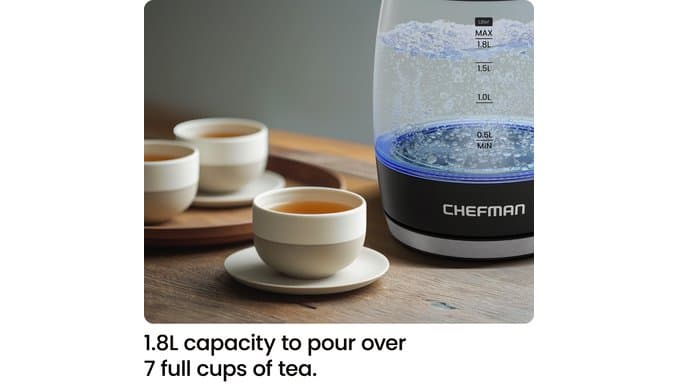 Chefman Electric Kettle, 1.8L 1500W, Hot Water Boiler, Removable Lid for Easy Cleaning, Auto Shut Off, Boil-Dry Protection, Stainless Steel Filter, BPA Free, Borosilicate Glass Electric Tea Kettle thumbnail 2
