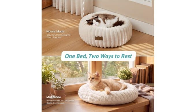 COZY KISS Donut Small Cat Bed for Indoor Cat, Kitten Bed Calming 20in Cream thumbnail 3