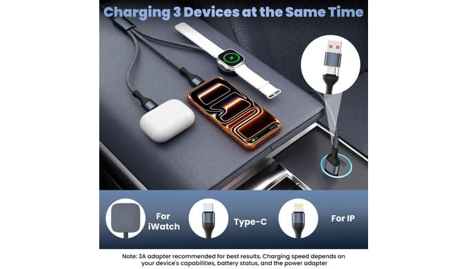3 in 2 Multi Charging Cable for iPhone iWatch Charger, USB A/C Charger Cord thumbnail 2