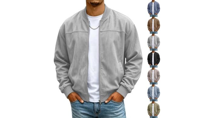Mens Suede Jacket Stand Collar Warm Plush Zip Up Bomber Jacket with Pockets thumbnail 1