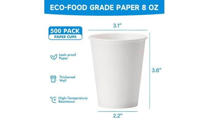 RACETOP 8 oz 500 Pack Disposable Paper Coffee Cups, Disposable Paper Cups, Hot Coffee Cups for Office, Party, Home thumbnail 3