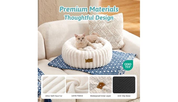 COZY KISS Donut Small Cat Bed for Indoor Cat, Kitten Bed Calming 20in Cream thumbnail 5
