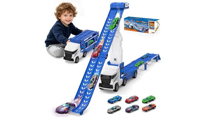Race Track Truck Toy with 6 Die-Cast Cars for Toddler Boys Ages 3-5
