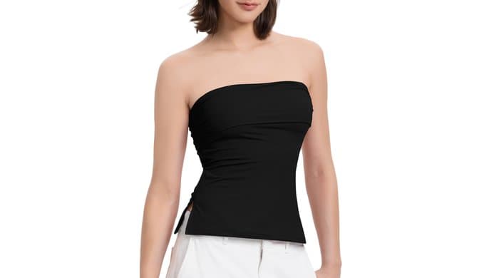 Women Tube Tops Sexy Double Line Going Out Trendy Strapless Side Split Tank Tops thumbnail 1