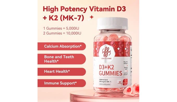 Vitamin D3 K2 Gummies, 5,000 IU / 10,000 IU D3 + 200 mcg MK-7, 120 Count thumbnail 2