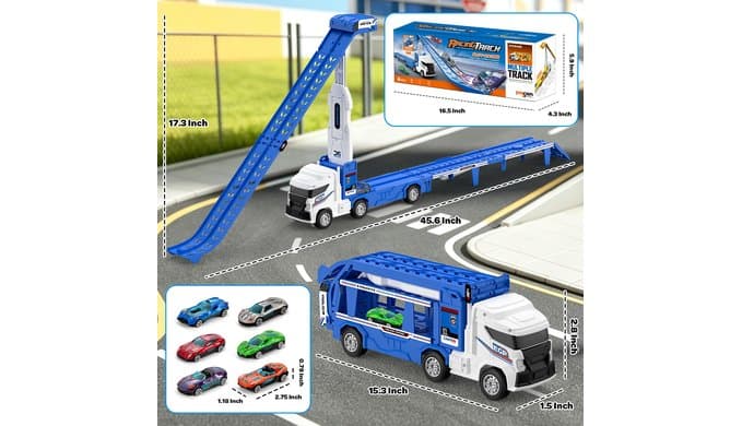 Race Track Truck Toy with 6 Die-Cast Cars for Toddler Boys Ages 3-5 thumbnail 2