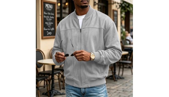 Mens Suede Jacket Stand Collar Warm Plush Zip Up Bomber Jacket with Pockets thumbnail 2