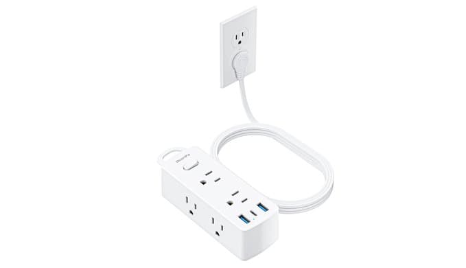 Flat Plug Power Strip with 5 FT Extension Cord, 6 Outlets 3 USB Ports(1 USB C), 3 Sided Outlet Extender for Home Office Travel Dorm Room Essentials, White thumbnail 1