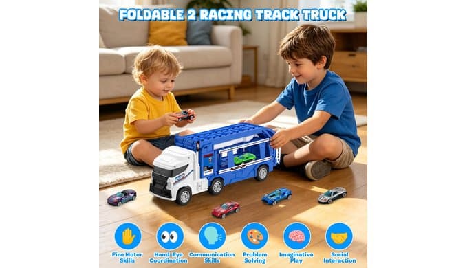 Race Track Truck Toy with 6 Die-Cast Cars for Toddler Boys Ages 3-5 thumbnail 4