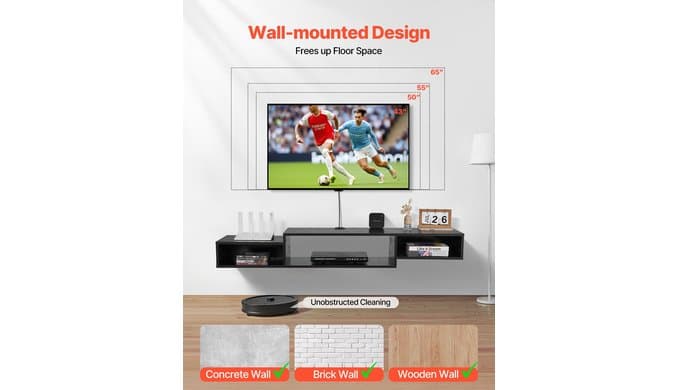 VEVOR 59" Floating TV Stand with Power & USB Outlet, Wall Mounted TV Console Entertainment Center Modern Floating Under TV Shelf with Storage for Audio Video, Cable Box, Game Console, Black thumbnail 4