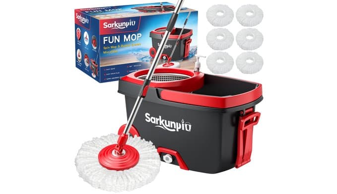 Spin Mop and Bucket Set with 6 Microfiber Heads, Dark Grey