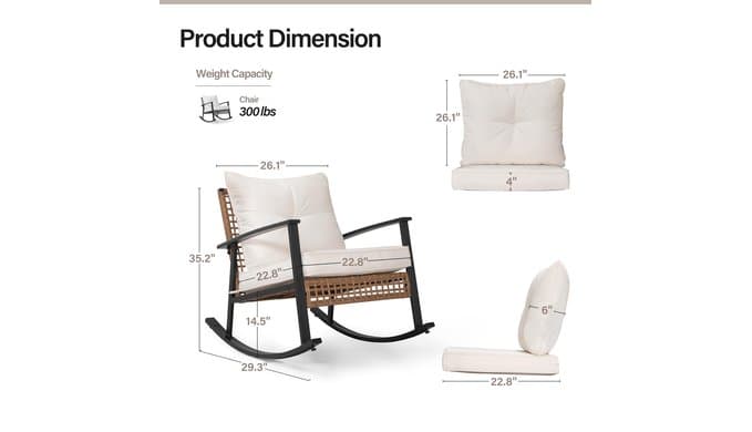 Wicker Rocking Chair Set of 2, Oversized Patio Chair Comfy Rocker Chair with Thick Cushion, Modern Cozy Lounge Chair for Living Room,Bedroom(Beige) thumbnail 3