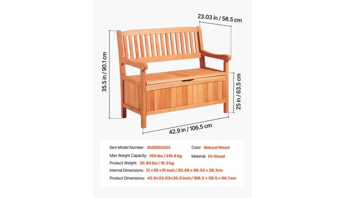 VEVOR Outdoor Storage Bench, 2-Person Wooden Storage Bench, 33 Gallons Deck Box with Side Handle, Supports up to 705 lbs, Outdoor Seating & Porch Decor, for Patio Garden Balcony Yard thumbnail 3