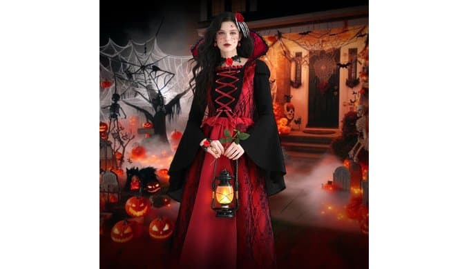 Vampire Costume Female - Halloween Costumes for Women Cosplay Gothic Vampire Teeth & Medieval Dress Costume thumbnail 4