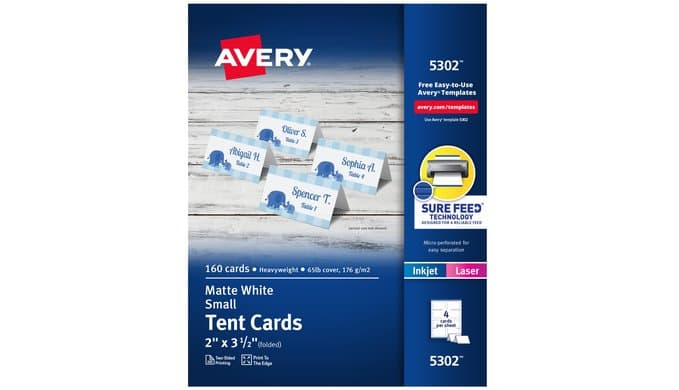 Avery Printable Tent Cards with Sure Feed Technology, 2" x 3.5", White, 160 Blank Place Cards for Laser or Inkjet Printers (5302)