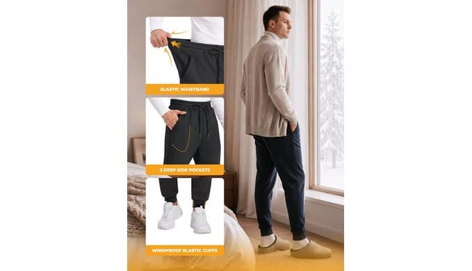 Mens Fleece Lined Sweatpants - Thick Winter Thermal Warm Joggers Pants thumbnail 5