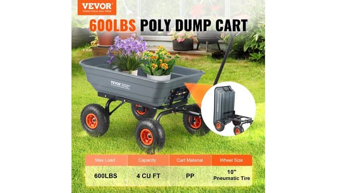 VEVOR Poly Garden Dump Cart 4 Cu.Ft. 600 lbs 4 Wheel Wheelbarrow Dump Wagon thumbnail 3