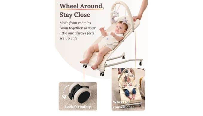 Cuddo Baby Bouncer 100% Cotton Wheelable, with Head Support, 0-12M -Beige thumbnail 3