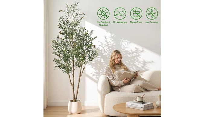 7FT Artificial Olive Tree with Lights & Planter, Tall Faux Olive Plant thumbnail 3