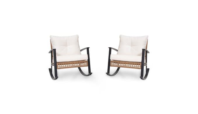 Wicker Rocking Chair Set of 2, Oversized Patio Chair Comfy Rocker Chair with Thick Cushion, Modern Cozy Lounge Chair for Living Room,Bedroom(Beige) thumbnail 1