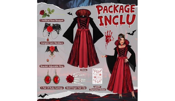 Vampire Costume Female - Halloween Costumes for Women Cosplay Gothic Vampire Teeth & Medieval Dress Costume thumbnail 2