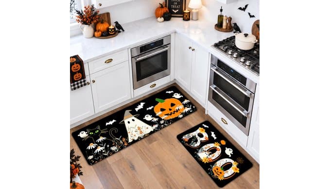 Halloween Kitchen Mats Set of 2 Boo Ghost Black Cat Kitchen Rugs