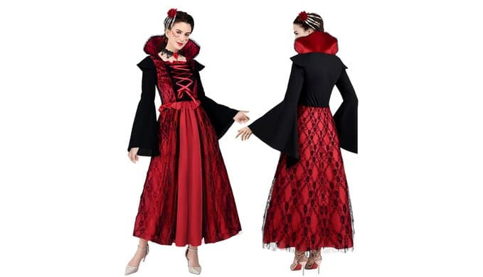Vampire Costume Female - Halloween Costumes for Women Cosplay Gothic Vampire Teeth & Medieval Dress Costume thumbnail 5