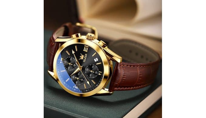 OLEVS Watch Men Leather Chronograph Waterproof Luxury Dress Analog Quartz thumbnail 3