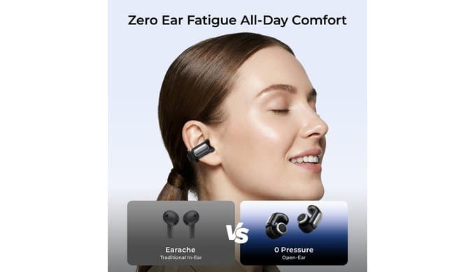 LC-dolida Open-Ear Wireless Earbuds with Smart LED Display Case, Clip On Earbuds All-Day Comfort & Situational Awareness, Case Control for Volume, EQ, Music, Find My Earbuds & Camera, Timer (Black) thumbnail 2