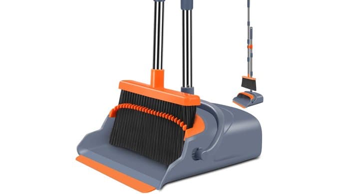 Upgrade Broom and Dustpan Set, Self-Cleaning with Dustpan Teeth, Indoor&Outdoor Sweeping, Ideal for Dog Cat Pets Home Use, Stand Up Broom and Dustpan (Gray&Orange) thumbnail 1