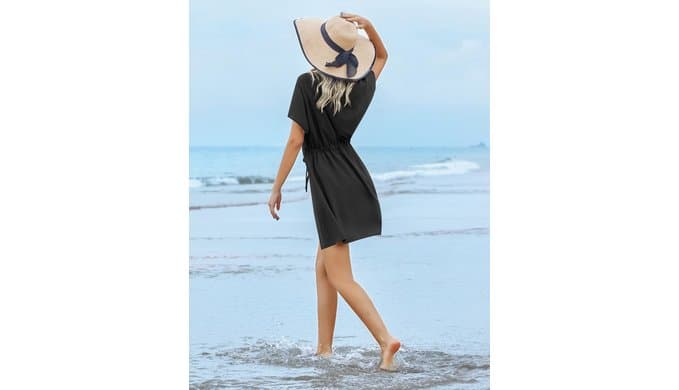 Ekouaer Womens Swimsuit Coverup Short Sleeve Beach Cover Up Dress V Neck Bikini Beachwear thumbnail 4