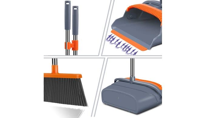 Upgrade Broom and Dustpan Set, Self-Cleaning with Dustpan Teeth, Indoor&Outdoor Sweeping, Ideal for Dog Cat Pets Home Use, Stand Up Broom and Dustpan (Gray&Orange) thumbnail 4