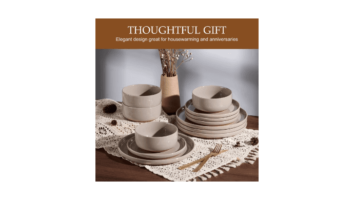 Vesteel 12-Piece Dinnerware Set for 4, Handcrafted Ceramic Plates and Bowls Set, Speckled Stoneware Dishes Set for Family, Microwave & Dishwasher Safe - Cappuccino Brown thumbnail 3