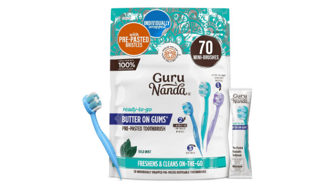 GuruNanda Disposable Travel Toothbrush 1.0, Fluoride Free Toothpaste, 70 ct thumbnail 1
