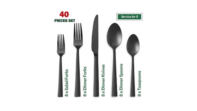 VeSteel 40-Piece Matte Black Silverware Set, Stainless Steel Flatware Set Service for 8, Metal Cutlery Eating Utensils Tableware Includes Forks/Spoons/Knives, Square Edge & Dishwasher Safe thumbnail 5