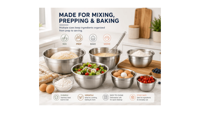 NULAS 6-Piece Stainless Steel Mixing Bowl Set with Lids, Nesting Metal Bowls for Kitchen – 4.5/3.5/2.5/2/1.5/1 qt, Great for Prep, Baking & Serving, Multicolor thumbnail 2