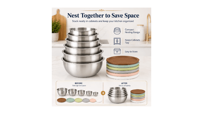 NULAS 6-Piece Stainless Steel Mixing Bowl Set with Lids, Nesting Metal Bowls for Kitchen – 4.5/3.5/2.5/2/1.5/1 qt, Great for Prep, Baking & Serving, Multicolor thumbnail 4