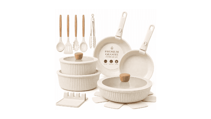 NULAS 22 Piece Pots and Pans Set Non Stick, Stackable RV Kitchen Cooking Set , Cookware Set with Detachable Handle, Dishwasher Safe, Oven Safe, Cream White thumbnail 1