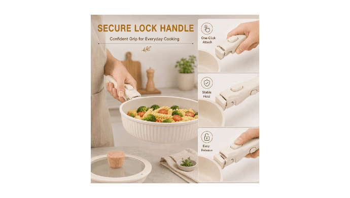 NULAS 22 Piece Pots and Pans Set Non Stick, Stackable RV Kitchen Cooking Set , Cookware Set with Detachable Handle, Dishwasher Safe, Oven Safe, Cream White thumbnail 2