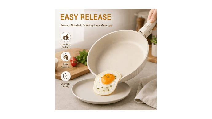NULAS 22 Piece Pots and Pans Set Non Stick, Stackable RV Kitchen Cooking Set , Cookware Set with Detachable Handle, Dishwasher Safe, Oven Safe, Cream White thumbnail 5