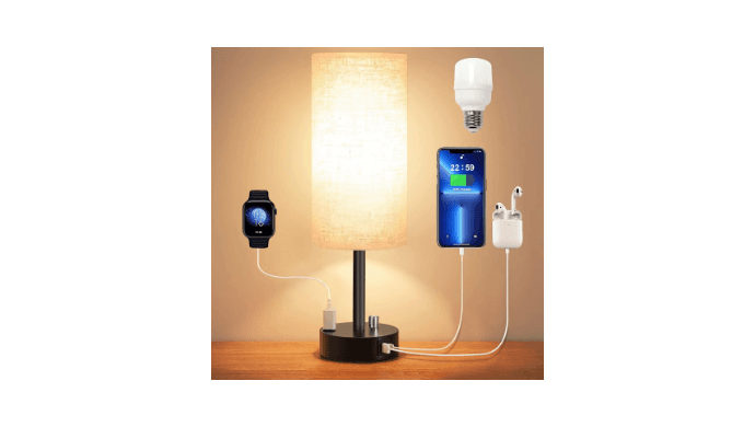 GVDV HOME Bedside Table Lamp, Fully Dimmable Lamp with USB C&A Fast Charging Port, AC Outlet, Lamp with Linen Fabric Shade and Black Base for Bedroom Living Room, Office, Dorm thumbnail 1