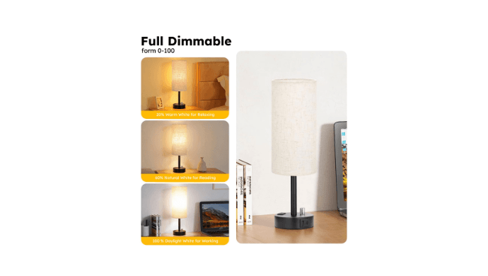 GVDV HOME Bedside Table Lamp, Fully Dimmable Lamp with USB C&A Fast Charging Port, AC Outlet, Lamp with Linen Fabric Shade and Black Base for Bedroom Living Room, Office, Dorm thumbnail 2