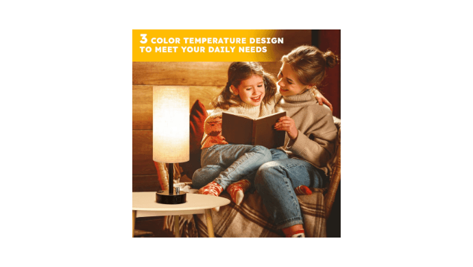 GVDV HOME Bedside Table Lamp, Fully Dimmable Lamp with USB C&A Fast Charging Port, AC Outlet, Lamp with Linen Fabric Shade and Black Base for Bedroom Living Room, Office, Dorm thumbnail 3