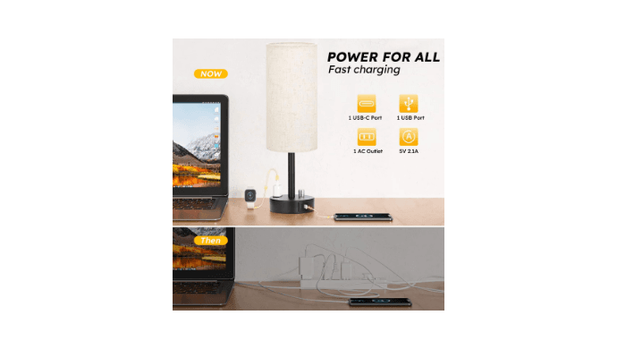 GVDV HOME Bedside Table Lamp, Fully Dimmable Lamp with USB C&A Fast Charging Port, AC Outlet, Lamp with Linen Fabric Shade and Black Base for Bedroom Living Room, Office, Dorm thumbnail 4