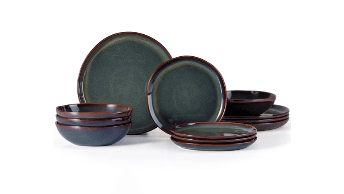 Vesteel Dinnerware Set for 4, 12 Pieces Premium Stoneware Plates and Bowls Set, Handmade Reactive Glaze Dishes for Home, Chip & Scratch Resistant, Microwave and Dishwasher Safe - Forest Green thumbnail 1