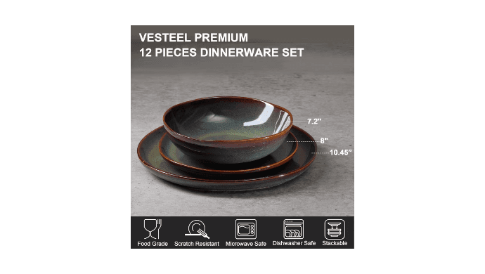 Vesteel Dinnerware Set for 4, 12 Pieces Premium Stoneware Plates and Bowls Set, Handmade Reactive Glaze Dishes for Home, Chip & Scratch Resistant, Microwave and Dishwasher Safe - Forest Green thumbnail 3
