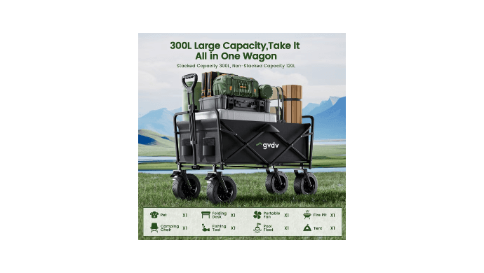 GVDV Collapsible Folding Wagon, 560LBS Large Heavy Duty Utility Cart with All-Terrain Wheels and Adjustable Handles for Shopping, Camping, Sports, Outdoor, Beach, Black thumbnail 2